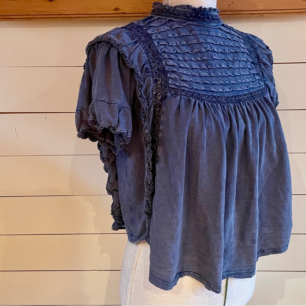 Free People Blue Ruffled Lace Short Sleeve Top